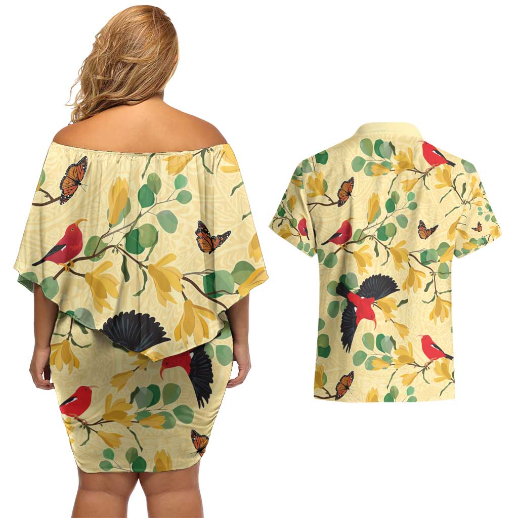 Aloha Hawaii Couples Matching Off Shoulder Short Dress and Hawaiian Shirt I'iwi on Mamane Pastel Cream