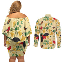 Aloha Hawaii Couples Matching Off Shoulder Short Dress and Long Sleeve Button Shirt I'iwi on Mamane Pastel Cream