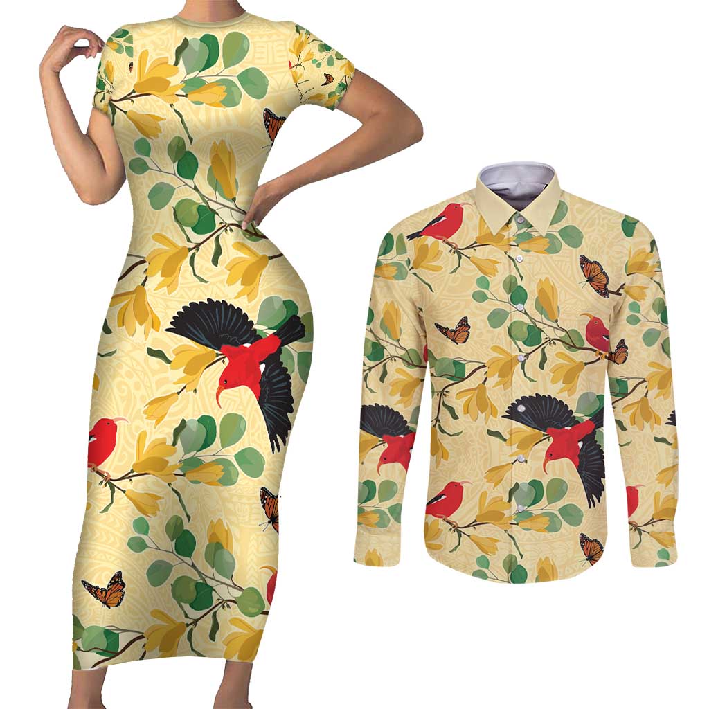 Aloha Hawaii Couples Matching Short Sleeve Bodycon Dress and Long Sleeve Button Shirt I'iwi on Mamane Pastel Cream