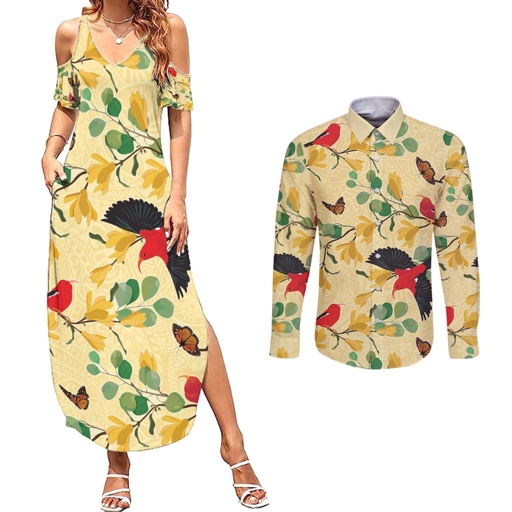 Aloha Hawaii Couples Matching Summer Maxi Dress and Long Sleeve Button Shirt I'iwi on Mamane Pastel Cream