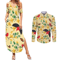 Aloha Hawaii Couples Matching Summer Maxi Dress and Long Sleeve Button Shirt I'iwi on Mamane Pastel Cream