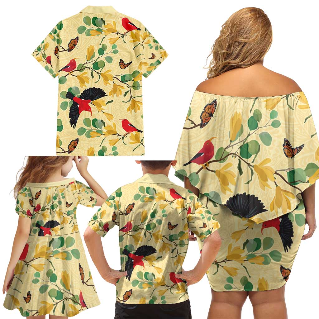 Aloha Hawaii Family Matching Off Shoulder Short Dress and Hawaiian Shirt I'iwi on Mamane Pastel Cream