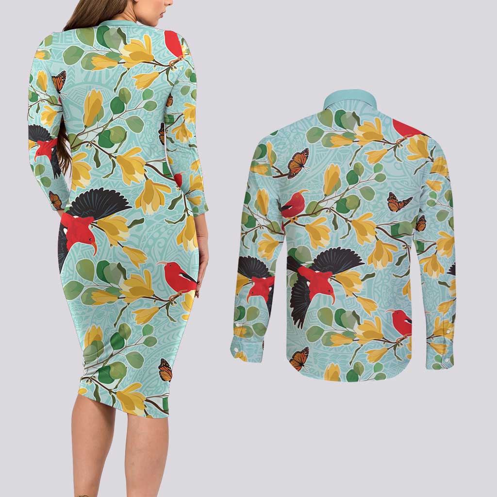 Aloha Hawaii Couples Matching Long Sleeve Bodycon Dress and Long Sleeve Button Shirt I'iwi on Mamane Pastel Turquoise