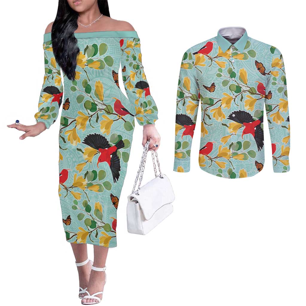 Aloha Hawaii Couples Matching Off The Shoulder Long Sleeve Dress and Long Sleeve Button Shirt I'iwi on Mamane Pastel Turquoise