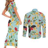 Aloha Hawaii Couples Matching Short Sleeve Bodycon Dress and Long Sleeve Button Shirt I'iwi on Mamane Pastel Turquoise