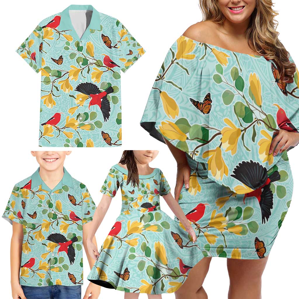 Aloha Hawaii Family Matching Off Shoulder Short Dress and Hawaiian Shirt I'iwi on Mamane Pastel Turquoise