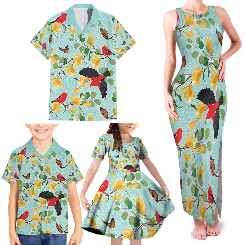 Aloha Hawaii Family Matching Tank Maxi Dress and Hawaiian Shirt I'iwi on Mamane Pastel Turquoise