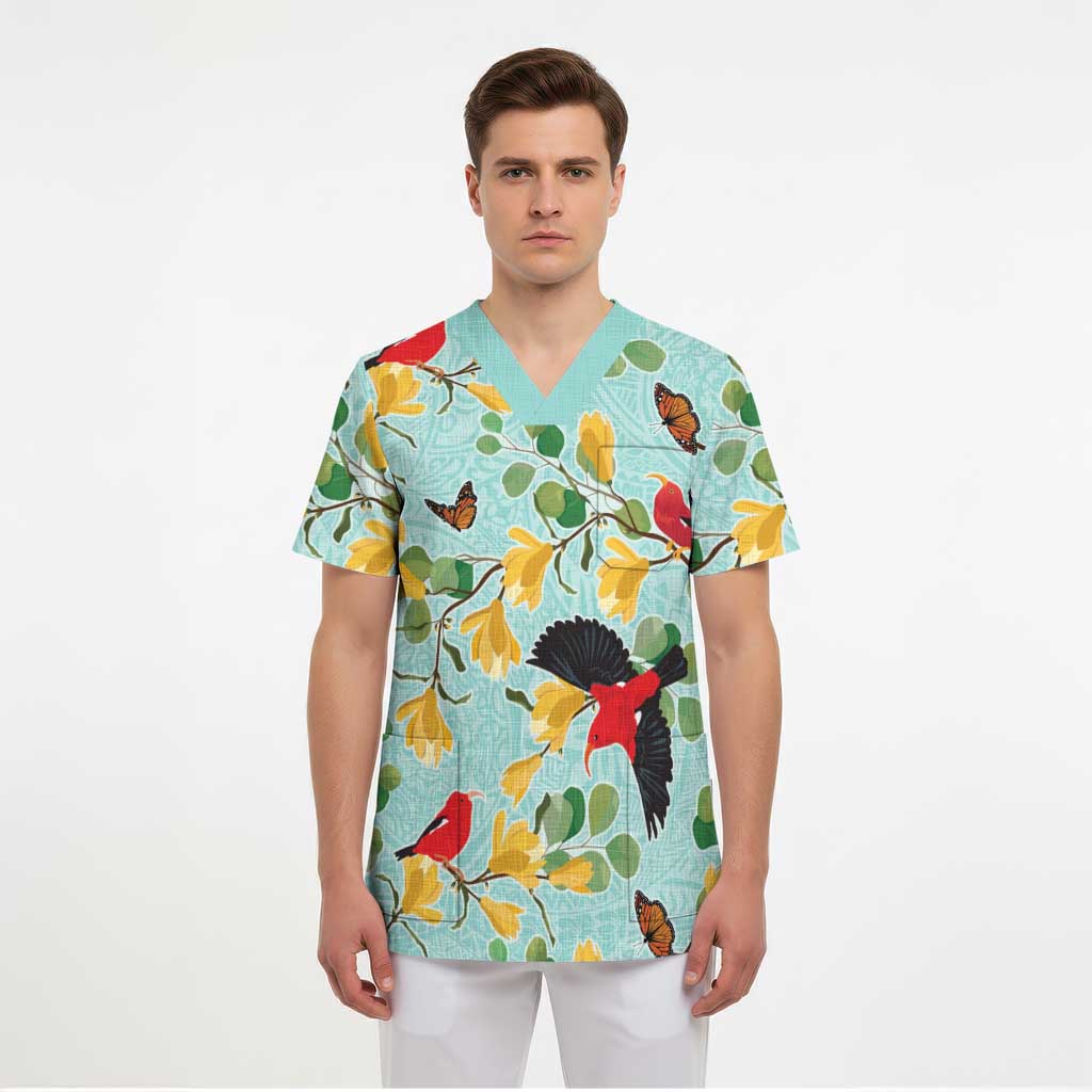 Aloha Hawaii Scrub Top I'iwi on Mamane Pastel Turquoise - Polynesian Pride
