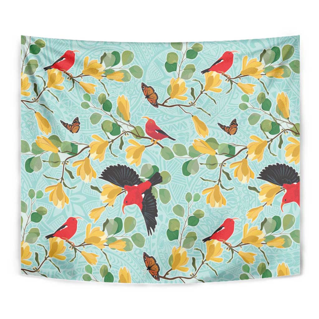 Aloha Hawaii Tapestry I'iwi on Mamane Pastel Turquoise