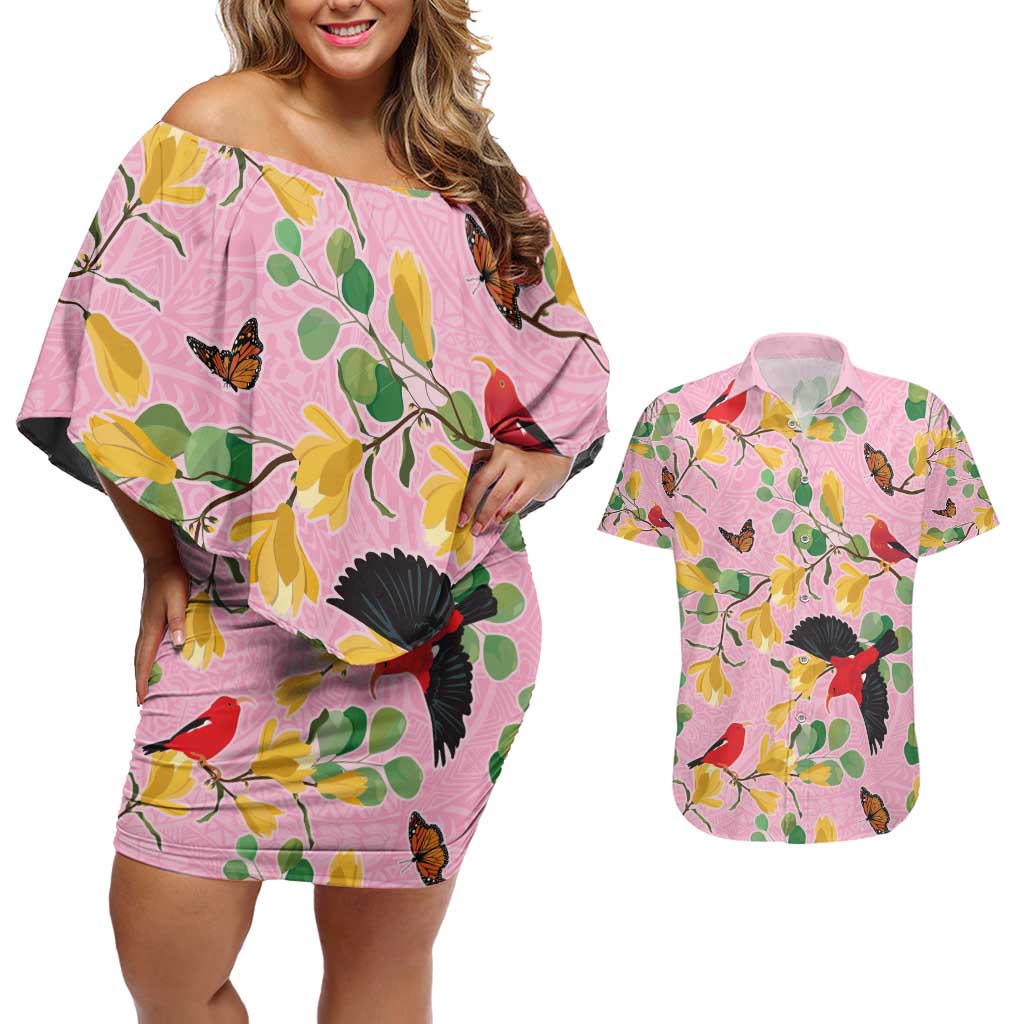 Aloha Hawaii Couples Matching Off Shoulder Short Dress and Hawaiian Shirt I'iwi on Mamane Pastel Pink
