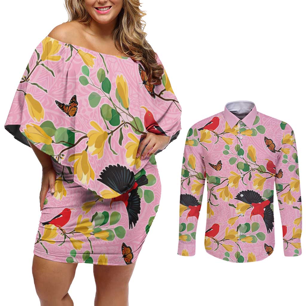 Aloha Hawaii Couples Matching Off Shoulder Short Dress and Long Sleeve Button Shirt I'iwi on Mamane Pastel Pink