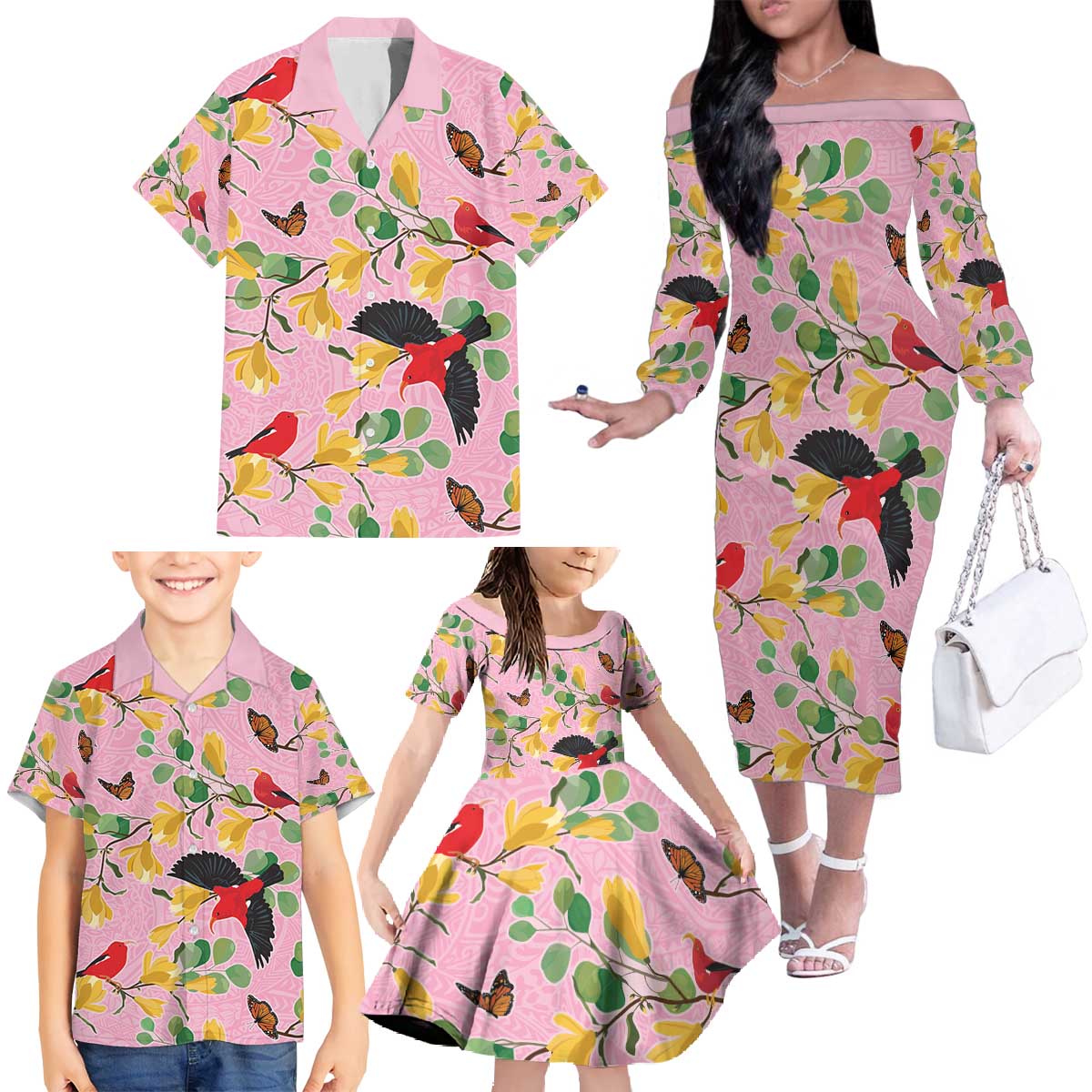 Aloha Hawaii Family Matching Off The Shoulder Long Sleeve Dress and Hawaiian Shirt I'iwi on Mamane Pastel Pink