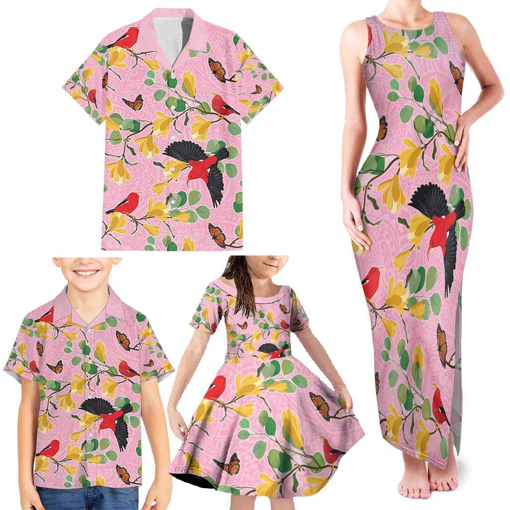 Aloha Hawaii Family Matching Tank Maxi Dress and Hawaiian Shirt I'iwi on Mamane Pastel Pink