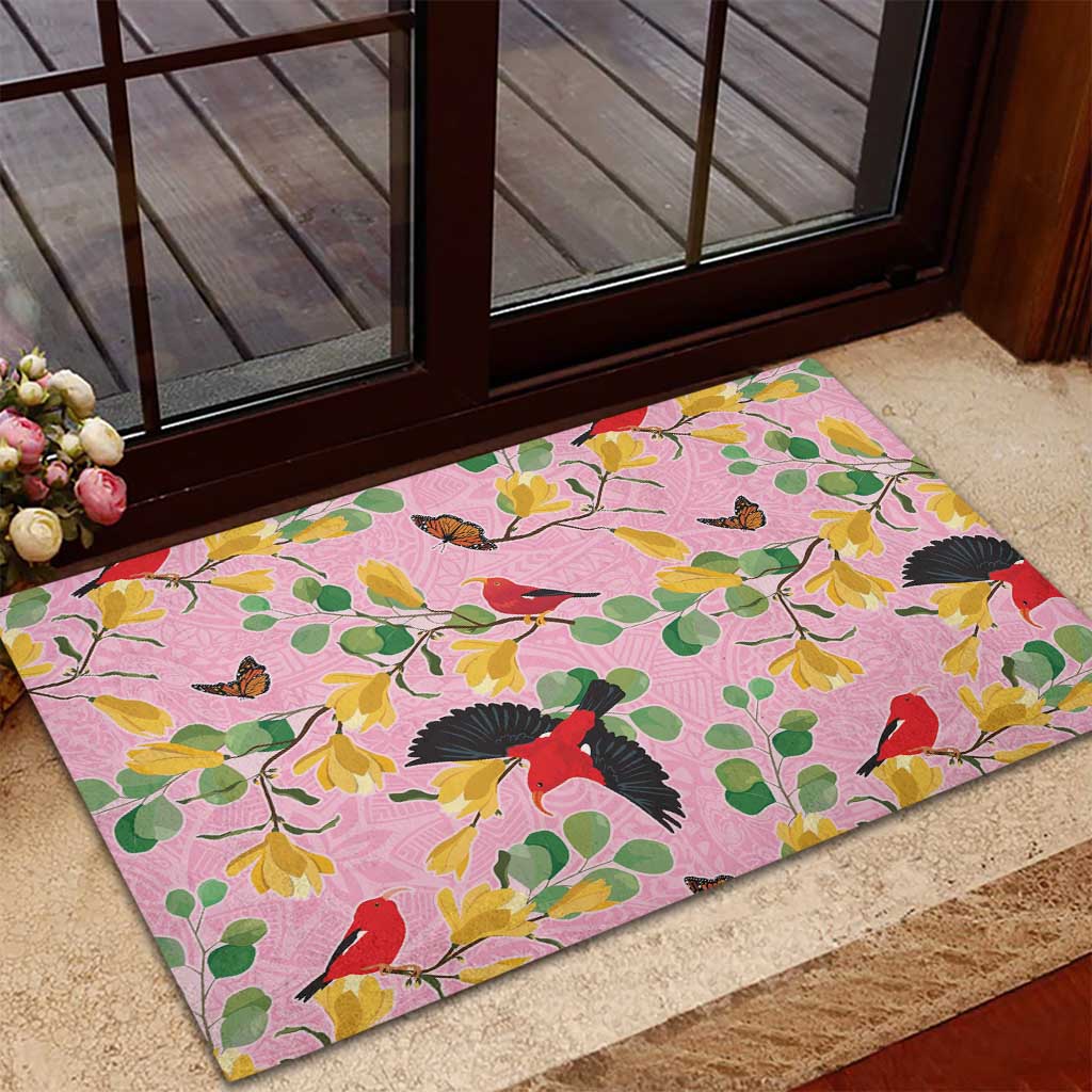 Aloha Hawaii Rubber Doormat I'iwi on Mamane Pastel Pink