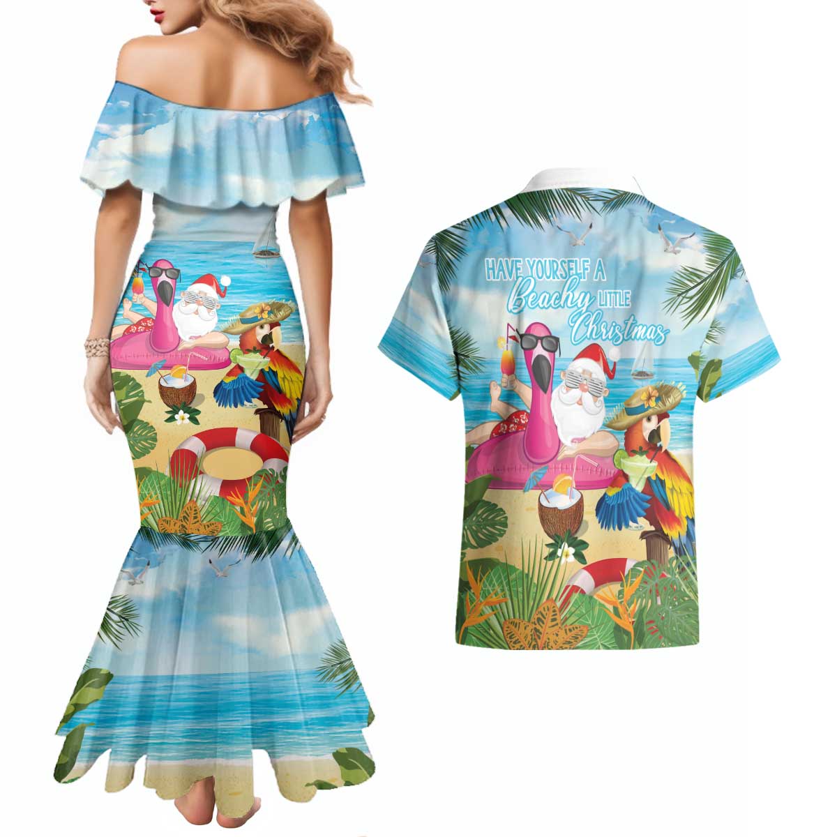 Have Yourself A Beachy Little Christmas Couples Matching Mermaid Dress and Hawaiian Shirt with Santa Chilling - Polynesian Pride