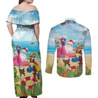 Have Yourself A Beachy Little Christmas Couples Matching Off Shoulder Maxi Dress and Long Sleeve Button Shirt with Santa Chilling - Polynesian Pride