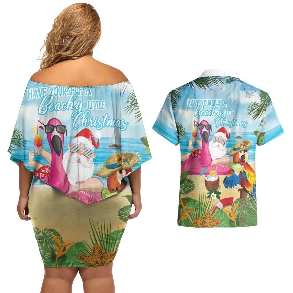 Have Yourself A Beachy Little Christmas Couples Matching Off Shoulder Short Dress and Hawaiian Shirt with Santa Chilling - Polynesian Pride