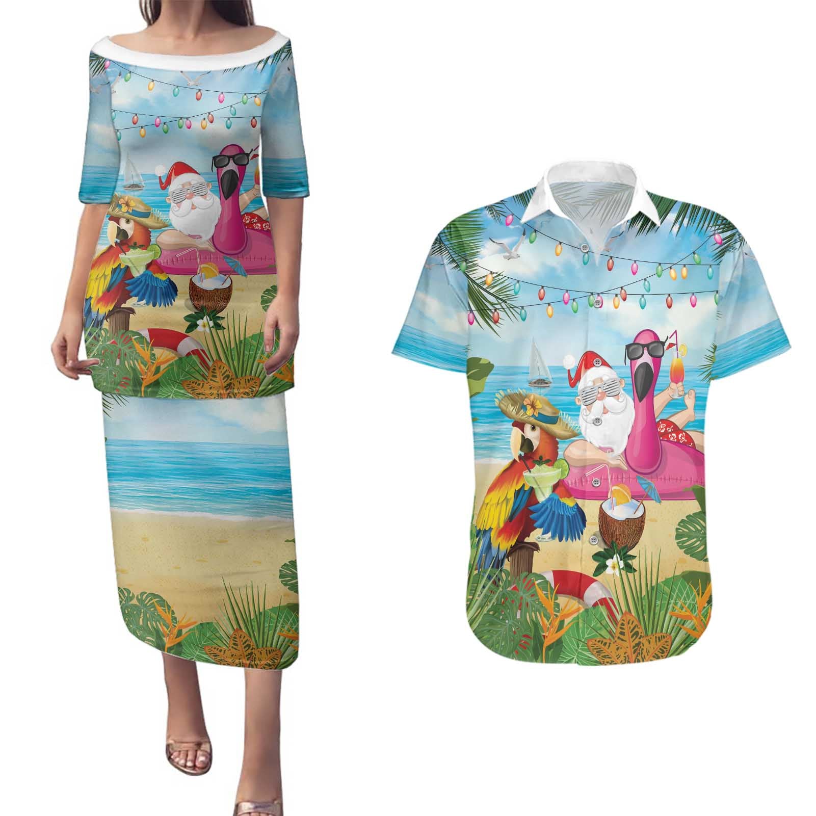 Have Yourself A Beachy Little Christmas Couples Matching Puletasi and Hawaiian Shirt with Santa Chilling - Polynesian Pride