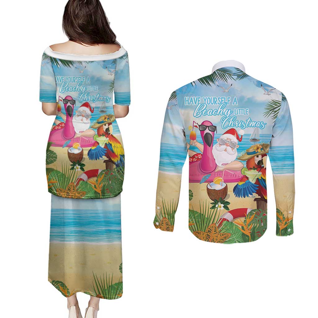 Have Yourself A Beachy Little Christmas Couples Matching Puletasi and Long Sleeve Button Shirt with Santa Chilling - Polynesian Pride