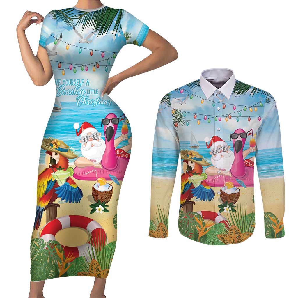 Have Yourself A Beachy Little Christmas Couples Matching Short Sleeve Bodycon Dress and Long Sleeve Button Shirt with Santa Chilling - Polynesian Pride