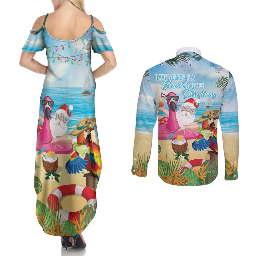 Have Yourself A Beachy Little Christmas Couples Matching Summer Maxi Dress and Long Sleeve Button Shirt with Santa Chilling - Polynesian Pride