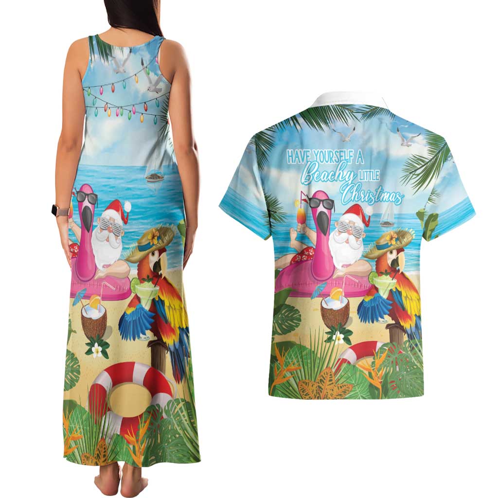 Have Yourself A Beachy Little Christmas Couples Matching Tank Maxi Dress and Hawaiian Shirt with Santa Chilling - Polynesian Pride