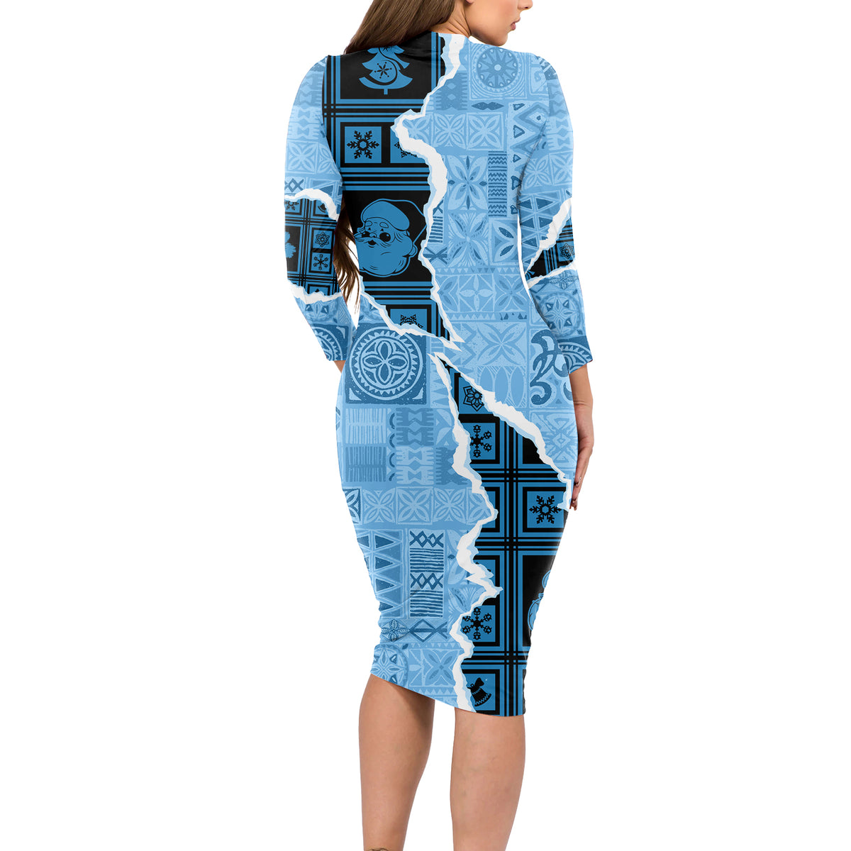 Bula Fiji Tapa Mix Christmas Long Sleeve Bodycon Dress Vintage Style LT7 - Polynesian Pride