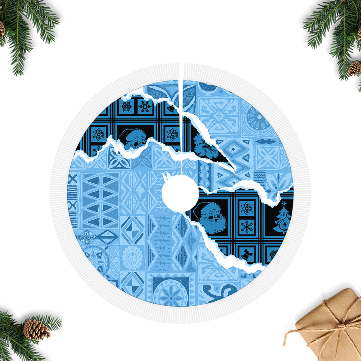 Bula Fiji Tapa Mix Christmas Tree Skirt Vintage Style LT7 Fringed Tree Skirts Turquoise - Polynesian Pride