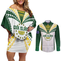 Cook Islands Rugby Custom Couples Matching Off Shoulder Short Dress and Long Sleeve Button Shirt Kuki's Aitu Champions - Polynesian Pride
