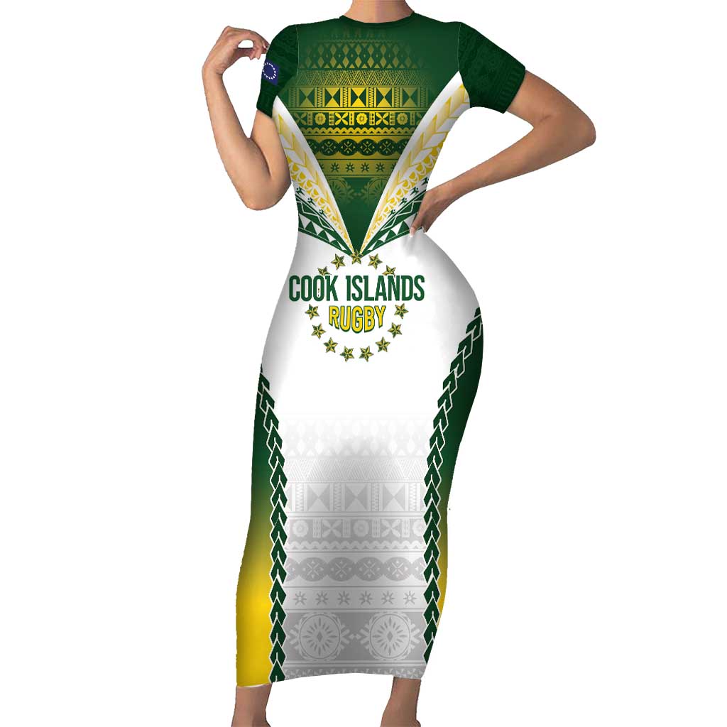 Cook Islands Rugby Custom Short Sleeve Bodycon Dress Kuki's Aitu Champions - Polynesian Pride