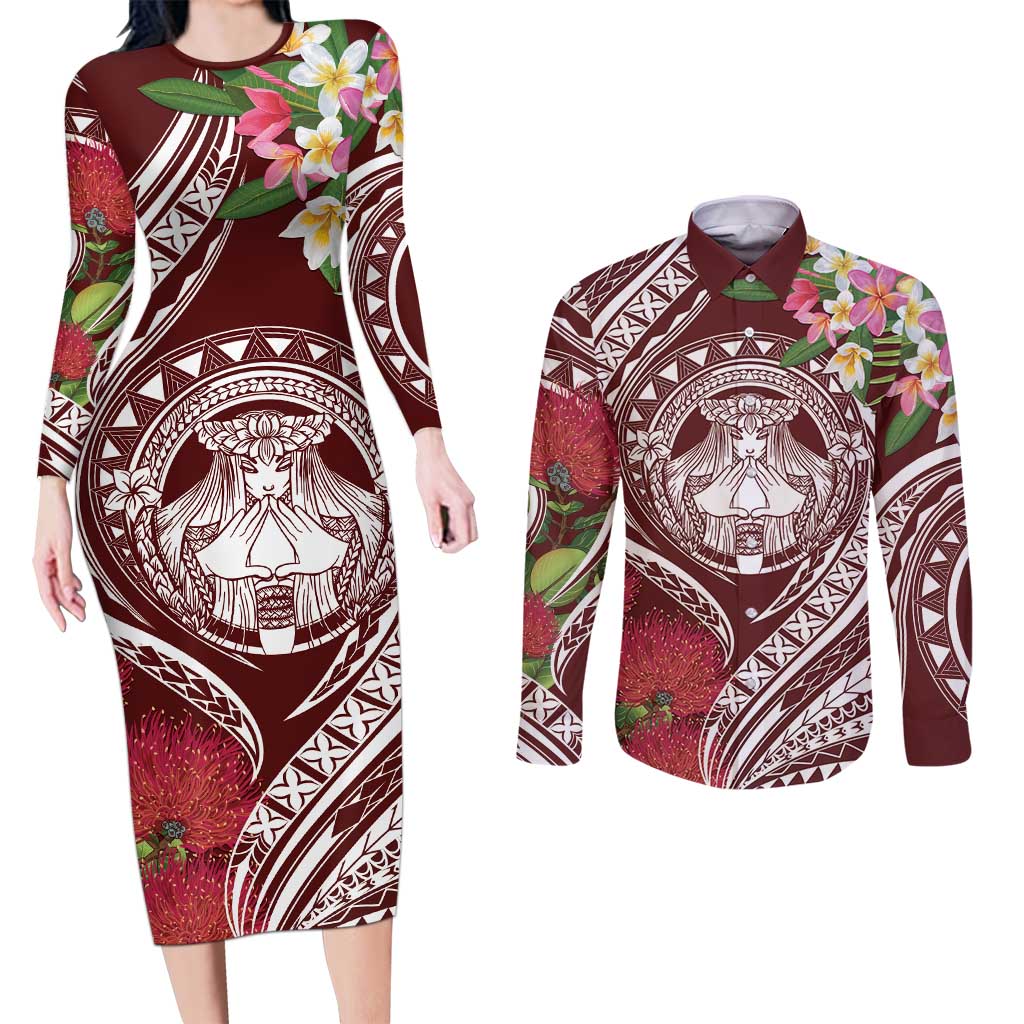 Aloha Hawaii Big Island Couples Matching Long Sleeve Bodycon Dress and Long Sleeve Button Shirt Ohia Lehua Wahine