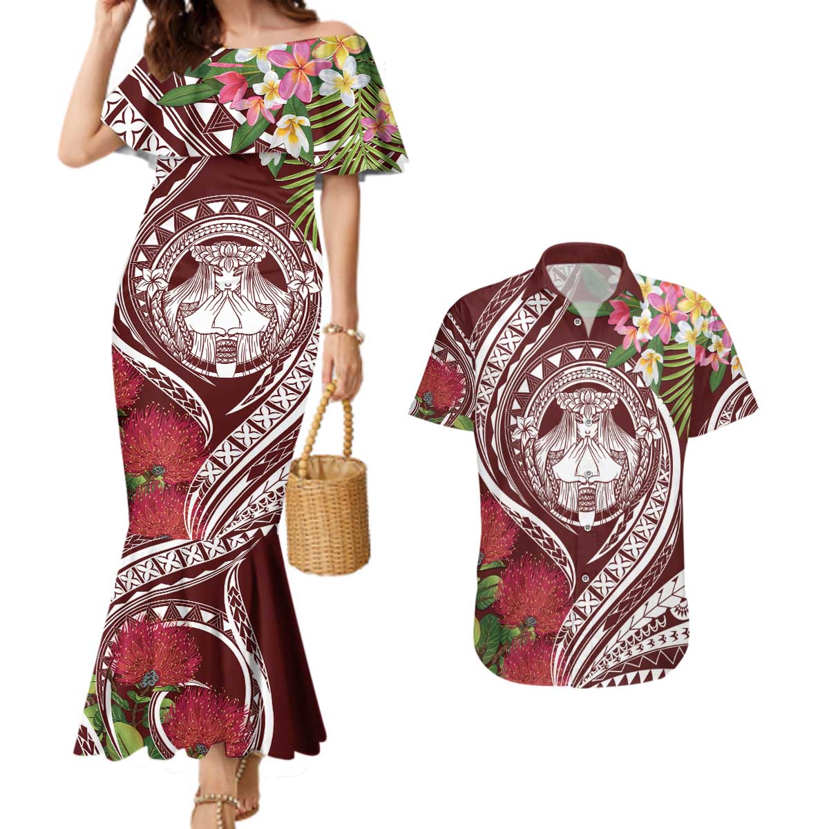 Aloha Hawaii Big Island Couples Matching Mermaid Dress and Hawaiian Shirt Ohia Lehua Wahine