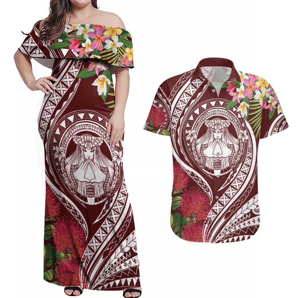 Aloha Hawaii Big Island Couples Matching Off Shoulder Maxi Dress and Hawaiian Shirt Ohia Lehua Wahine