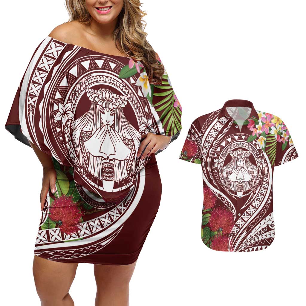 Aloha Hawaii Big Island Couples Matching Off Shoulder Short Dress and Hawaiian Shirt Ohia Lehua Wahine