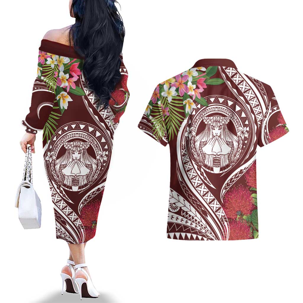 Aloha Hawaii Big Island Couples Matching Off The Shoulder Long Sleeve Dress and Hawaiian Shirt Ohia Lehua Wahine LT7 - Polynesian Pride