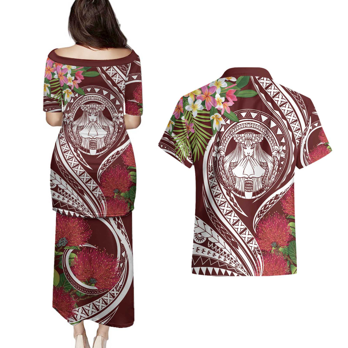 Aloha Hawaii Big Island Couples Matching Puletasi and Hawaiian Shirt Ohia Lehua Wahine