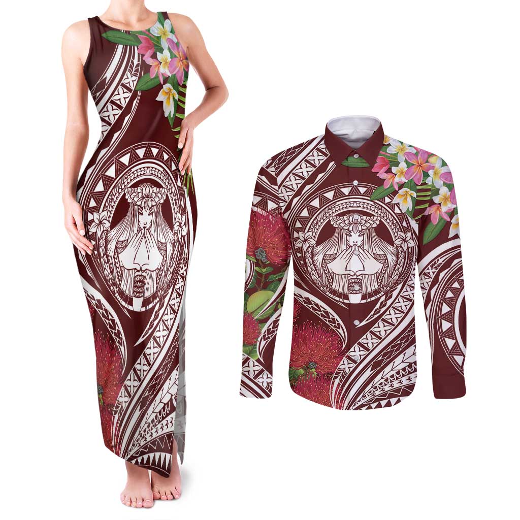 Aloha Hawaii Big Island Couples Matching Tank Maxi Dress and Long Sleeve Button Shirt Ohia Lehua Wahine