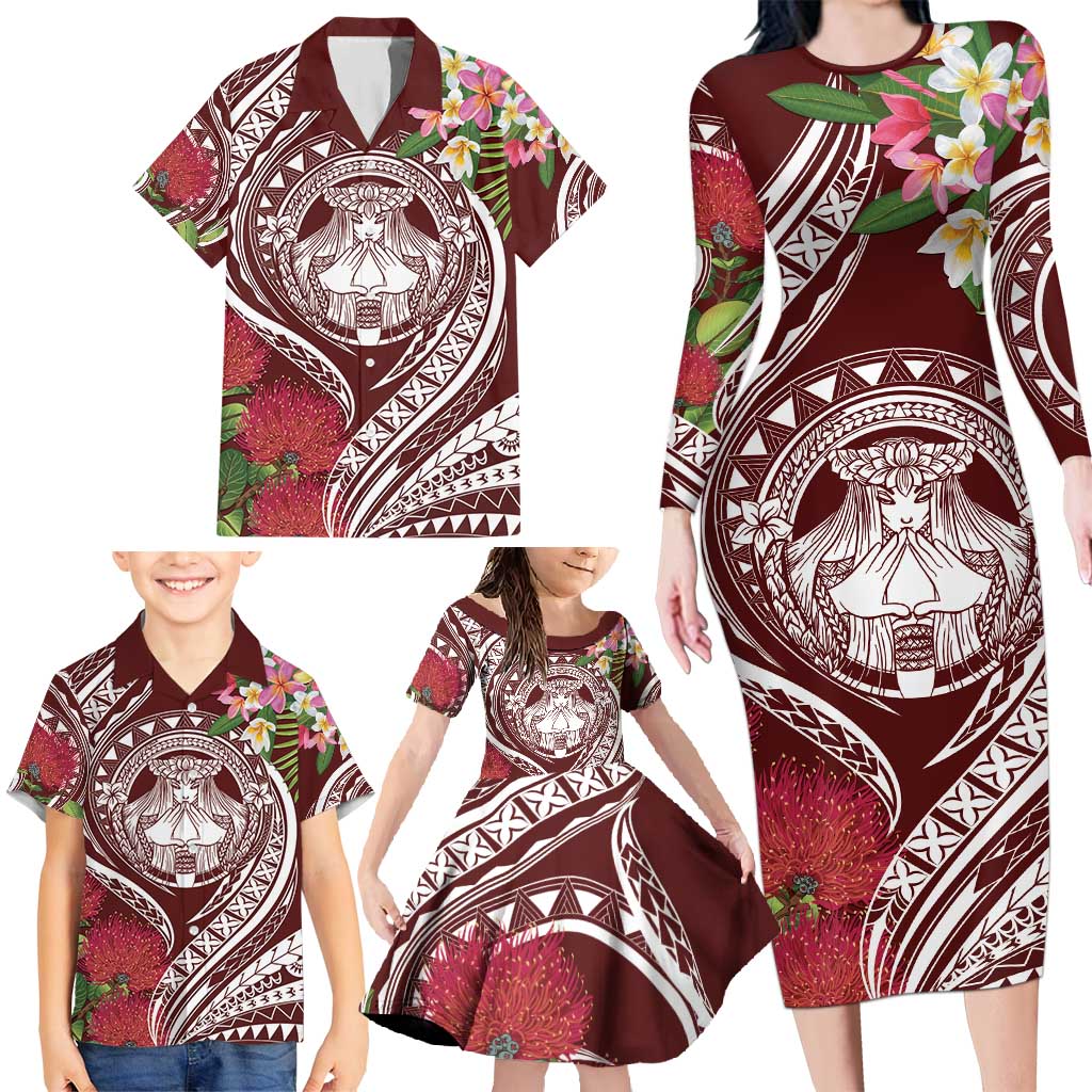 Aloha Hawaii Big Island Family Matching Long Sleeve Bodycon Dress and Hawaiian Shirt Ohia Lehua Wahine