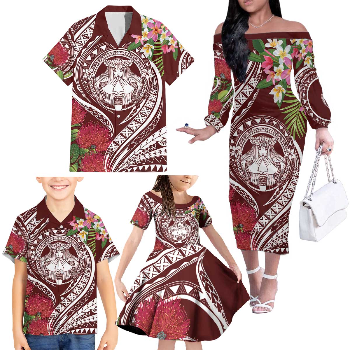Aloha Hawaii Big Island Family Matching Off The Shoulder Long Sleeve Dress and Hawaiian Shirt Ohia Lehua Wahine