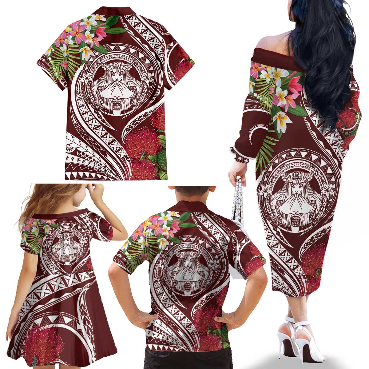 Aloha Hawaii Big Island Family Matching Off The Shoulder Long Sleeve Dress and Hawaiian Shirt Ohia Lehua Wahine
