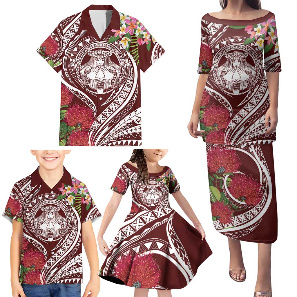 Aloha Hawaii Big Island Family Matching Puletasi and Hawaiian Shirt Ohia Lehua Wahine