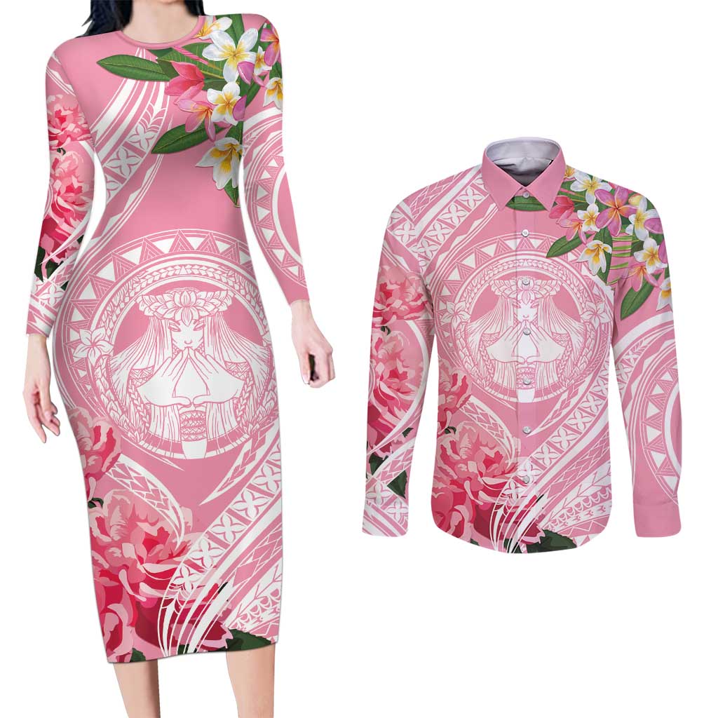 Aloha Hawaii Maui Couples Matching Long Sleeve Bodycon Dress and Long Sleeve Button Shirt Goddess Lokelani Rose