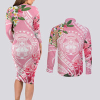 Aloha Hawaii Maui Couples Matching Long Sleeve Bodycon Dress and Long Sleeve Button Shirt Goddess Lokelani Rose