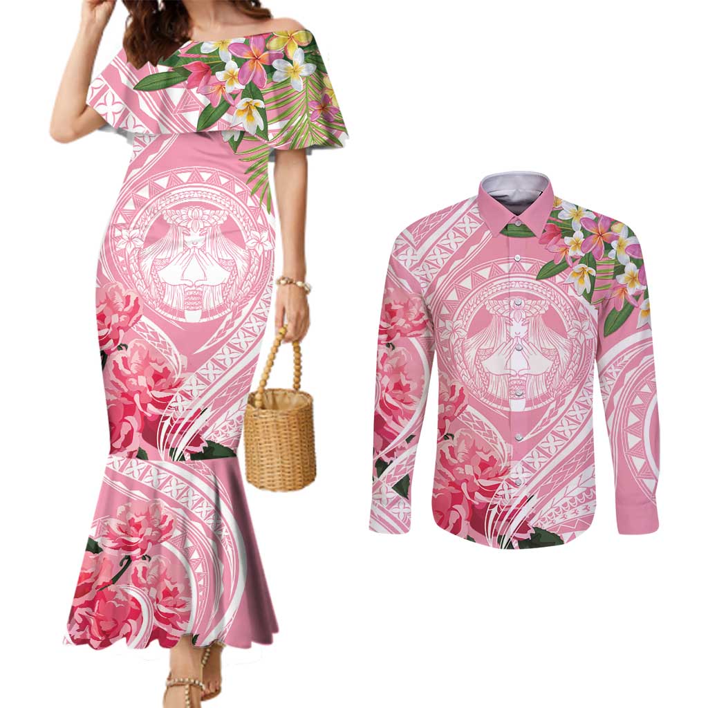 Aloha Hawaii Maui Couples Matching Mermaid Dress and Long Sleeve Button Shirt Goddess Lokelani Rose