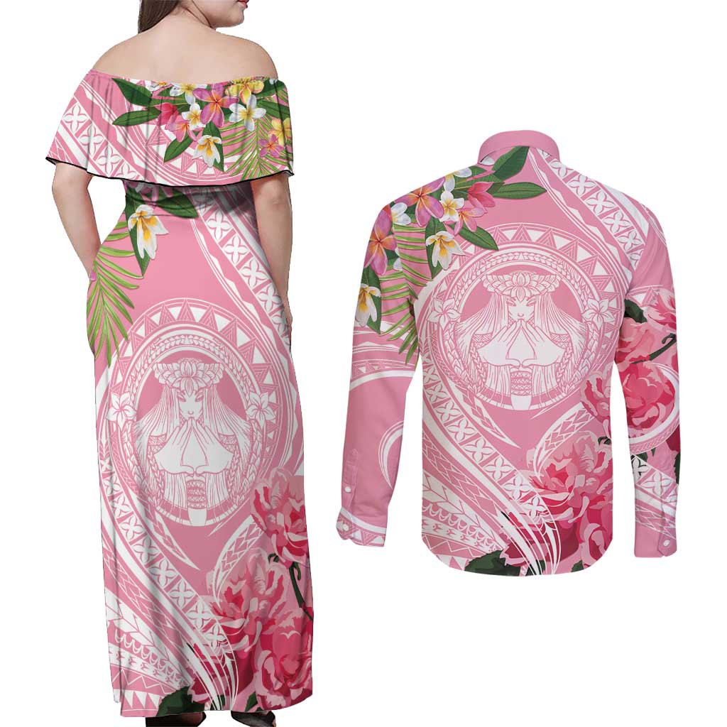 Aloha Hawaii Maui Couples Matching Off Shoulder Maxi Dress and Long Sleeve Button Shirt Goddess Lokelani Rose