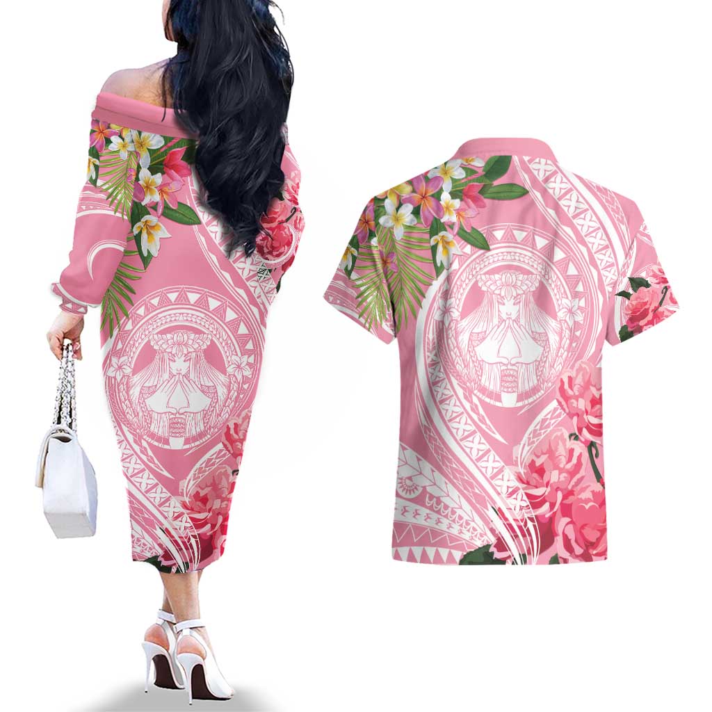 Aloha Hawaii Maui Couples Matching Off The Shoulder Long Sleeve Dress and Hawaiian Shirt Goddess Lokelani Rose LT7 - Polynesian Pride