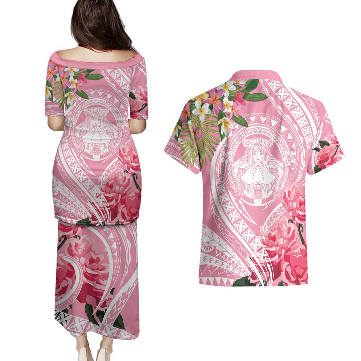 Aloha Hawaii Maui Couples Matching Puletasi and Hawaiian Shirt Goddess Lokelani Rose