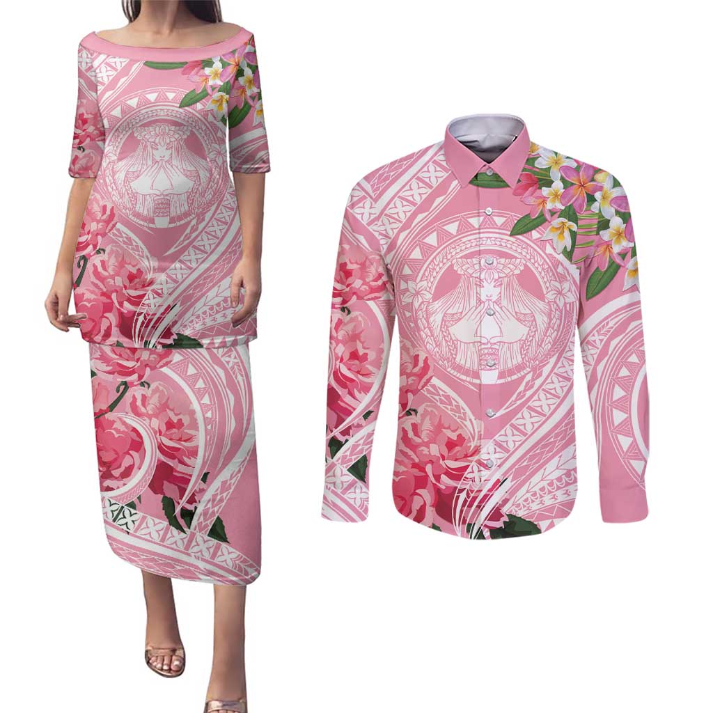 Aloha Hawaii Maui Couples Matching Puletasi and Long Sleeve Button Shirt Goddess Lokelani Rose