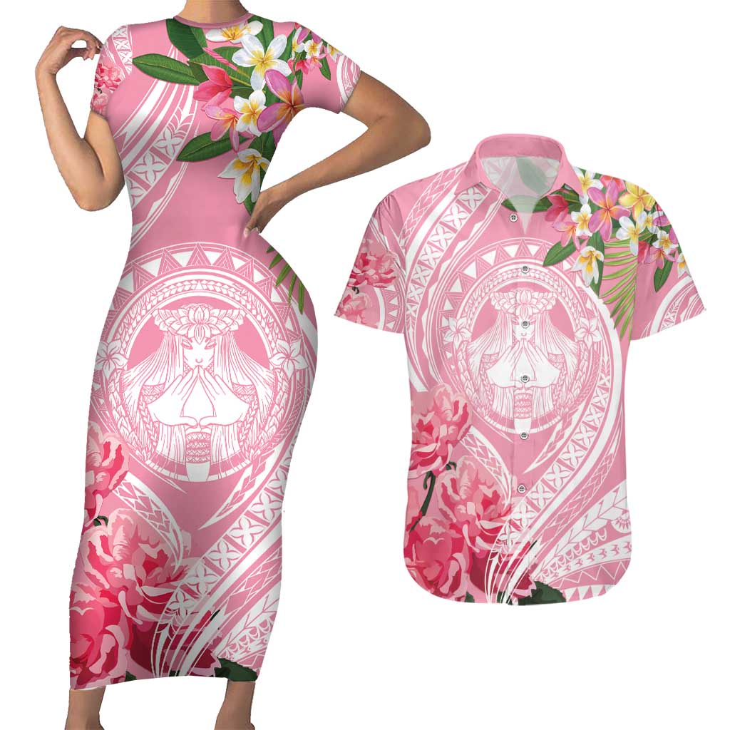 Aloha Hawaii Maui Couples Matching Short Sleeve Bodycon Dress and Hawaiian Shirt Goddess Lokelani Rose