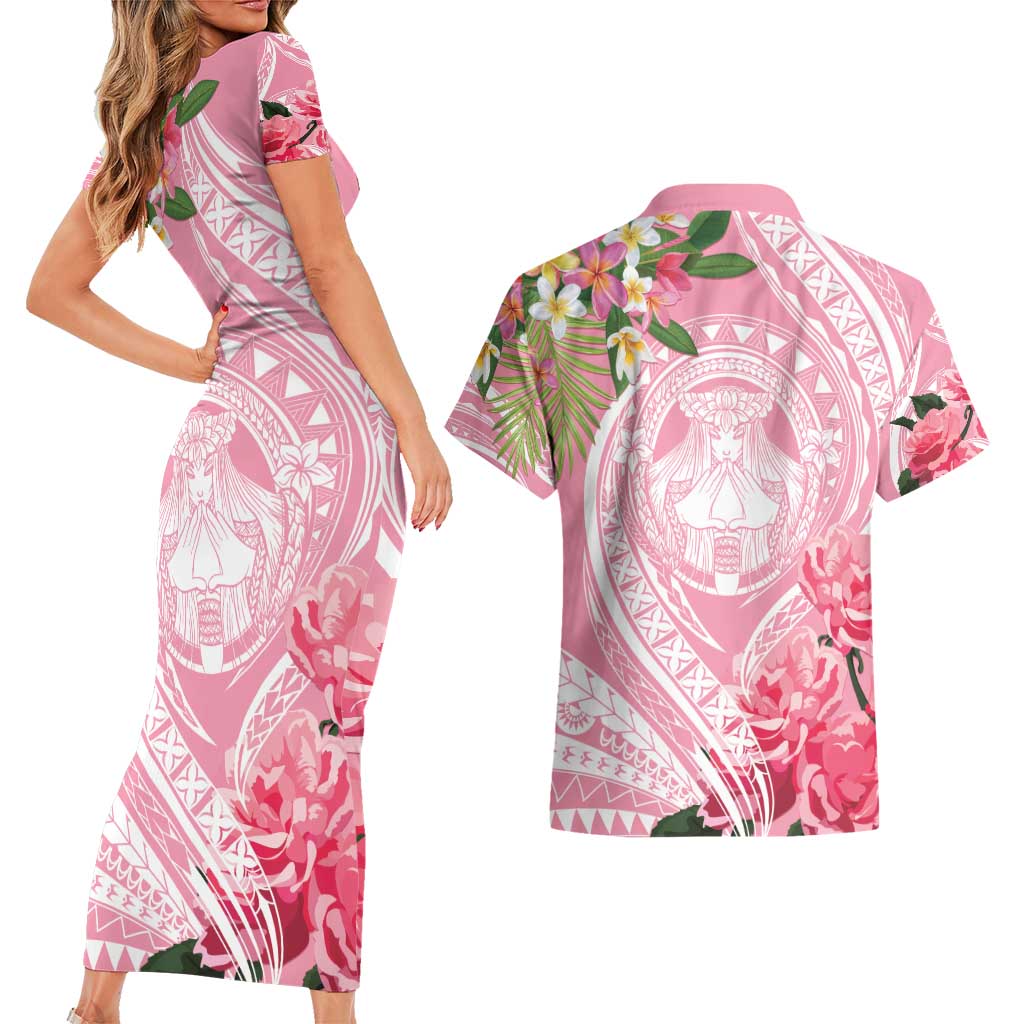 Aloha Hawaii Maui Couples Matching Short Sleeve Bodycon Dress and Hawaiian Shirt Goddess Lokelani Rose